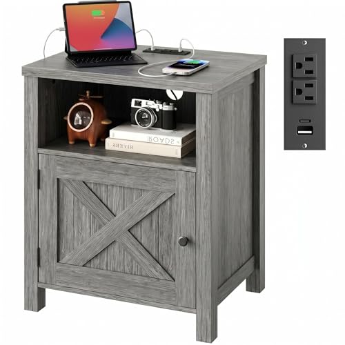Farmhouse Nightstand with Charging Station and Storage - Dark Grey Wood End Table