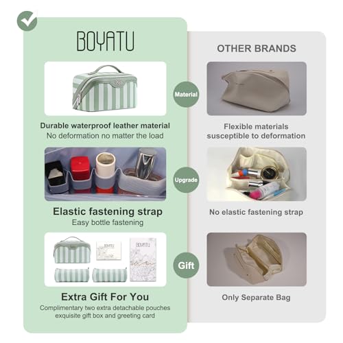 BOYATU Green Striped Travel Makeup Bag Set with Detachable Compartments - Model A-2