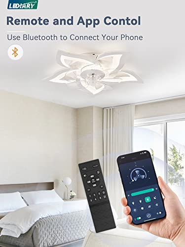 LEDIARY White Flower Shaped Ceiling Fan with Light, Low Profile, Dimmable LED & App Control