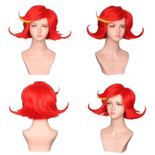Medium Red and Yellow Cosplay Wig for Women Halloween Costume - Variation of Red with Yellow