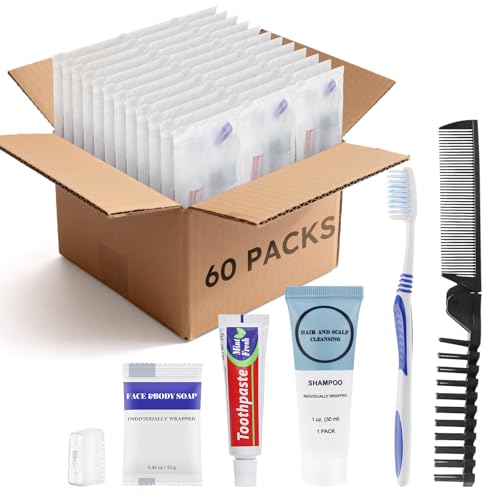 Travel Toiletries Supplies Kits Disposable Toiletry Amenities Set in Bulk, Hygiene Trial Size Personal Essentials Individually Wrapped for Camping, Hotel, Guest, Homeless, Charity, 5-in-1 (60-Pack)