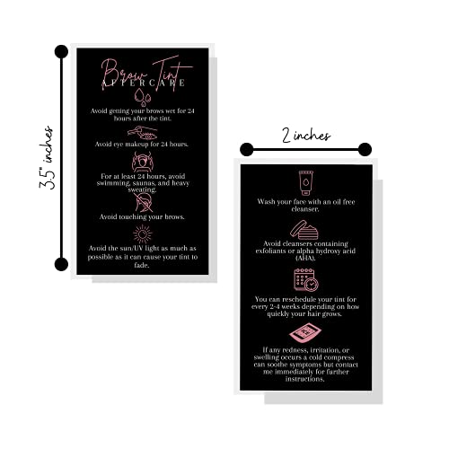 Boutique Marketing LLC Brow Tint Aftercare Card | 50 Pack | 2x3.5¡± inch Business Cards | Matte Black with Rosey Pink Design