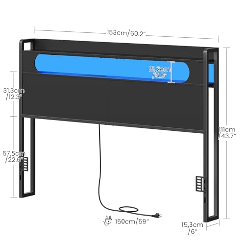 CHOEZON Queen Headboard with Storage, Charging Station & LED Light, Adjustable Metal Frame, Black