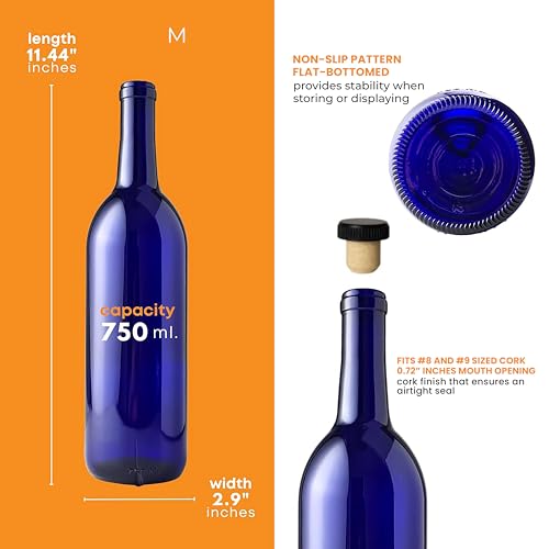 Blue 750ml Cobalt Wine Bottles with Corks - 48 Pack, Bordeaux Style - Variation of THIS listing