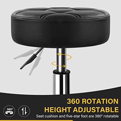 WKWKER Black Heavy Duty Adjustable Rolling Stool with 360° Swivel & Thick Leather Seat