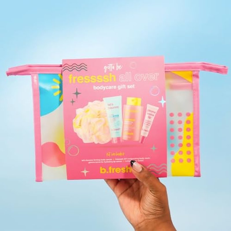 b.fresh Body Care Gift Set | Fressssh All Over - Self Care Kit Includes Travel Size Body Wash, Firming Body Serum, and Full Size Loofah with Hydrating Lip Serum, Christmas Stocking Stuffer