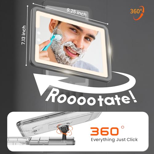 LED Shower Mirror Fogless for Shaving with Sunction Cup - Heated Fog Free, 3 Dimmable Lights, 360¡Æ Adjustable, Rechargeable, Drill Free - with Storage Tray, Razor & Shaving Brush Holders,Gifts for Men