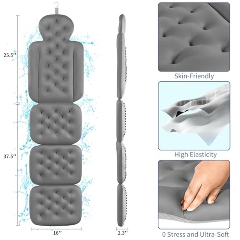 Bath Cushion, Full Body Bathtub Pillow with 160 Suction Cups, Bath Mat for Head and Neck Support, with Laundry Bag (Dark Gray, 60" x 16")