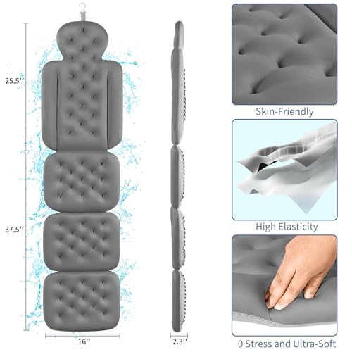 Bath Cushion, Full Body Bathtub Pillow with 160 Suction Cups, Bath Mat for Head and Neck Support, with Laundry Bag (Dark Gray, 60" x 16")