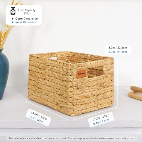 Large Wicker Storage Baskets Set of 3 - Water Hyacinth Organizer with Handles, Traditional Pattern
