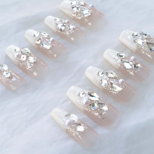 GLORS Splendid French Milky White Press-On Nails with Full Rhinestones, 10pcs (Small) – Light Luxury