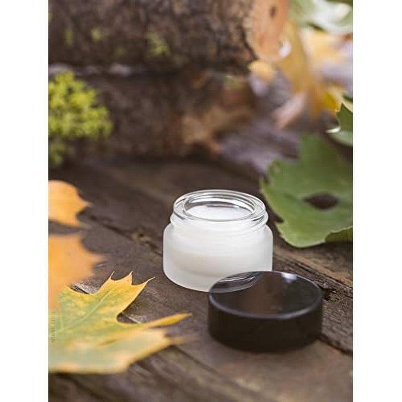 (24 pack) 5 ml 1/6 oz Frosted Clear Glass Small Thick Wall Jars with Black Smooth Foam Lined Lids
