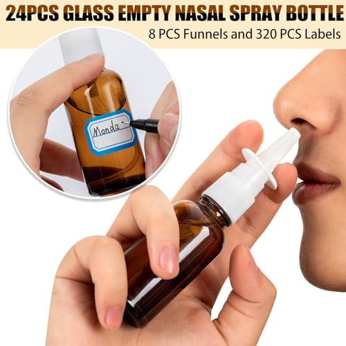 40 Pcs Nasal Spray Bottle Empty, Brown Glass Refillable Fine Mist Nasal Spray Bottles with 8 Funnels and 8 Labels (30ML/1oz)