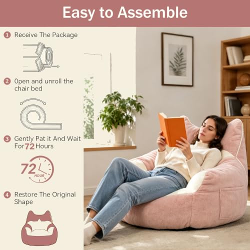 Pink Cat-Shaped Bean Bag Chair for Teens and Adults, Memory Foam Floor Seat