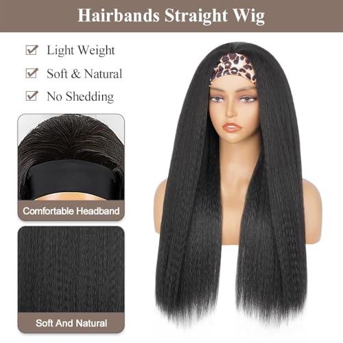 Kinky Straight Headband Wig 22 Inch Black 1B - Glueless Synthetic Hair for Women
