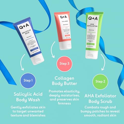 Q+A Bodycare Treats Gift Set, 3-Step Routine for Smooth, Soft Skin, Salicylic Acid Body Wash (75ml), AHA Body Scrub (75ml) & Collagen Body Butter (50ml), Stocking Stuffers and Travel Size Toiletries