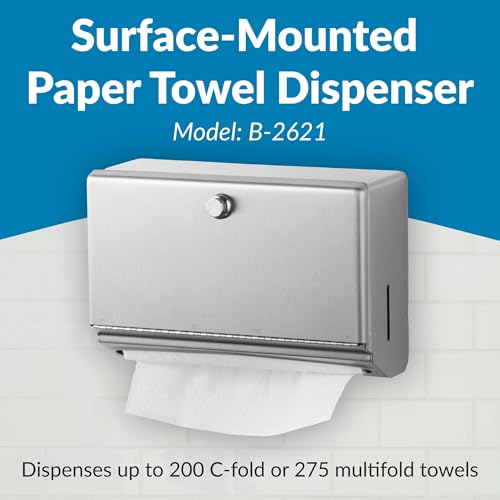 Bobrick B-2621 Paper Towel Dispenser Wall-Mounted Stainless Steel 7-1/8" Knob-Latch