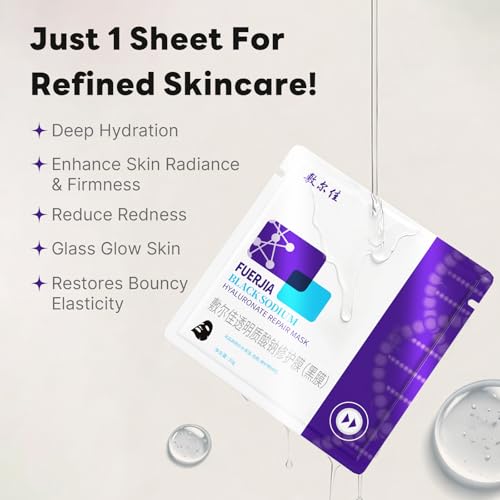 Black Sodium Hyaluronate Face Mask Pack - Deep Hydration & Soothing, Sensitive Skin, 5 Pack