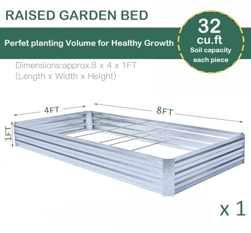 Galvanized Raised Garden Bed 8x4x1ft with Overlapping Panels - Single Unit