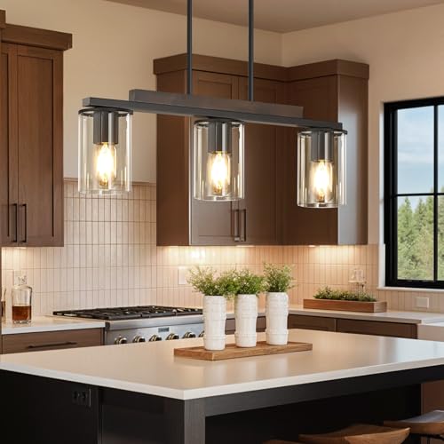 Farmhouse Style Black Pendant Light with Clear Glass Shade - 3 Light Linear Chandelier for Kitchen Island