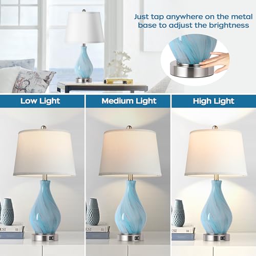 Blue Gray Accent Table Lamp Set of 2 with USB Ports, Dimmable Touch Control, 22-Inch Art Glass Nightstand Lamps