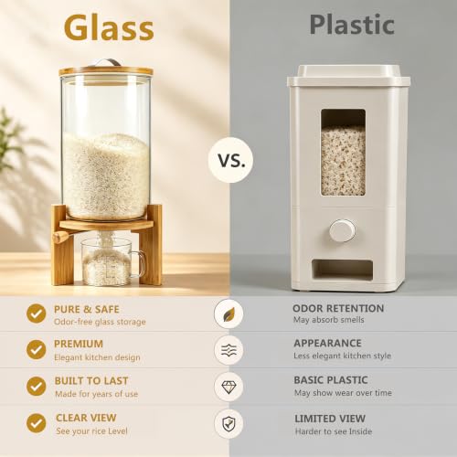 8L Glass Rice Dispenser with Airtight Lid & Measuring Cup - Durable Kitchen Storage