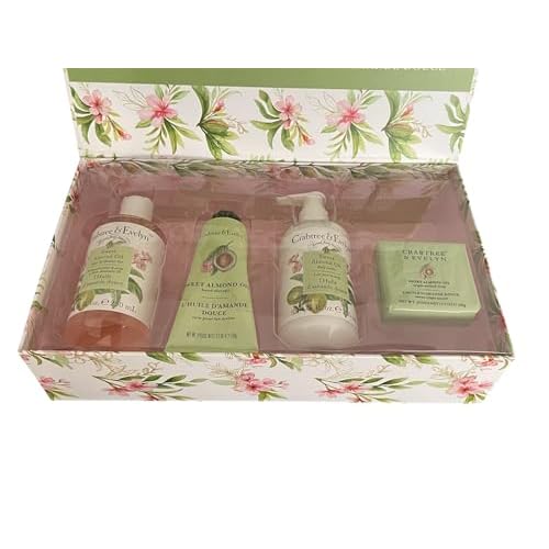 Crabtree & Evelyn Sweet Almond Oil Collection Set (Bath & Shower Gel 8.4 fl oz, Hand Therapy 3.5 oz, Body Lotion 8.4 fl oz, Bar Soap 3.5 oz)