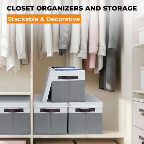 Criusia Extra Large White & Grey Storage Baskets with Lids - 8 Pack, 33 QT Closet Organizers for Clothes, Towels, Toys, and More