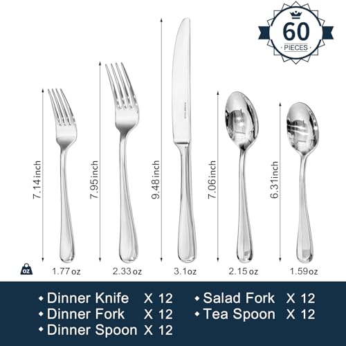 60-Piece Stainless Steel Flatware Set for 12 with Modern Mirror Finish