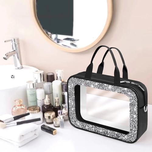 Meetart Diamond Black Clear Makeup Bag with Detachable Shoulder Strap - Travel Toiletry Organizer