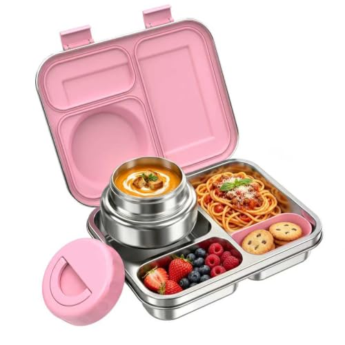 Pink Stainless Steel Bento Lunch Box with 8oz Insulated Food Jar & 3 Compartments