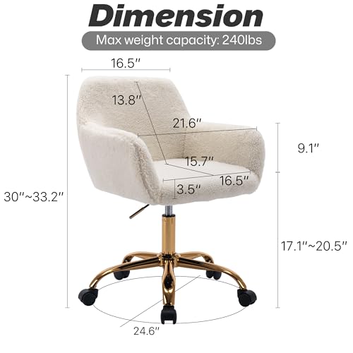 Faux Fur Office Desk Chair with Wheels and Adjustable Height - White with Gold Base Variation