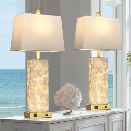 28-Inch Coastal Shell Table Lamps Set of 2 - Gold Nautical Bedside Lighting with USB Charging