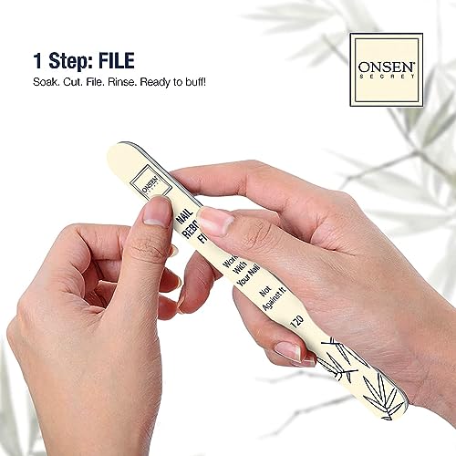 Onsen Secret Complete Nail Reboot Kit w/Cuticle Oil 10ml, Nail File 120/180 Grit Double Sided, A 3-Way Buffer Block & Cuticle Serum-15ml in Action | Super Value Pack
