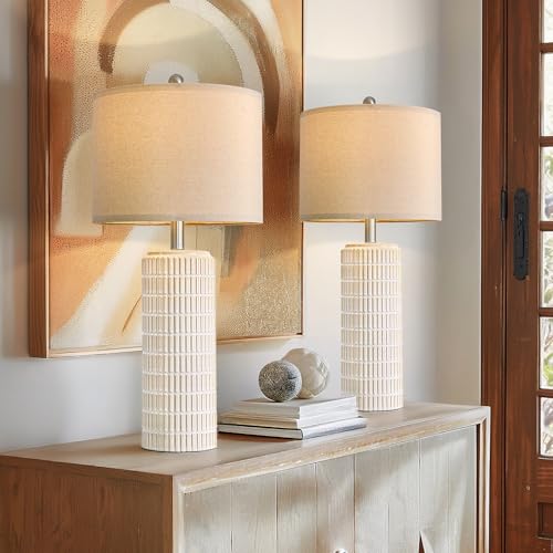 Tall Ceramic Table Lamps Set of 2 - White and Gold Modern Bedside Lamps for Living Room & Nightstand