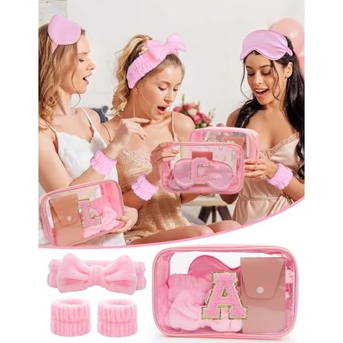Gift Sets for Women, Initial Makeup Bag with Makeup Brush Set Bachelorette Party Favors, Pink Spa Kit with Skincare Headbands Wrist Bands Sleepover Party Supplies Gifts for Teen Girls Bridesmaid A