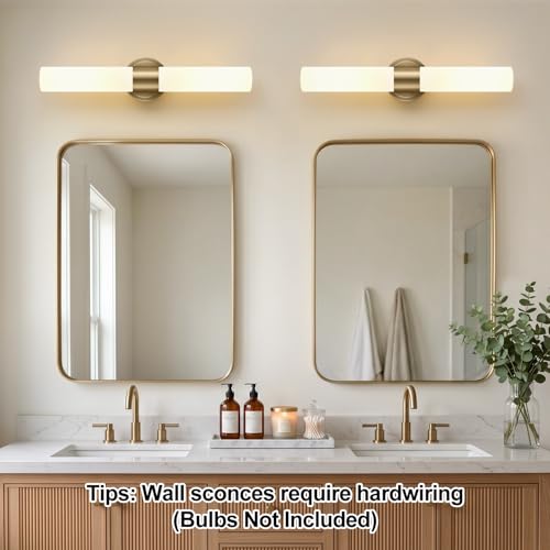 Brass & Milky White Glass Wall Sconces Set of 2 - 22 Inch Modern Bathroom & Bedroom Lighting