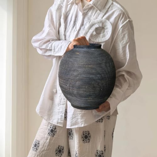 Large Black Ceramic Vase - 10.8 Inch with Deep Charcoal Black Glaze - Oval Variation