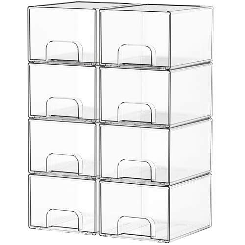 8 Pack Clear Acrylic Storage Bins with 4.4 In Tall Drawers – Stackable Vanity, Under Sink & Pantry Organizer