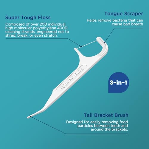 Fremouth 3-in-1 Orthodontic Dental Floss Picks - 300 Count, Braces Flossers with Tongue Scraper & Brush