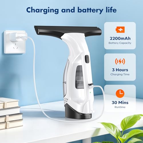 Cordless Window Vacuum Squeegee with Extendable Pole, 2200mAh Battery, 11-Inch Silicone Blade