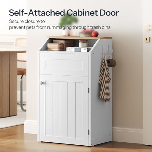White Freestanding Trash Cabinet with Flip Door - 10 Gallon Hidden Kitchen Garbage Can - YATINEY