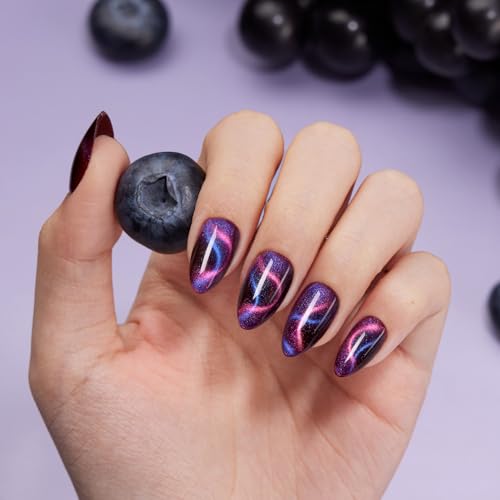 Short Almond Cat Eye Dark Purple Shimmer Nails Kit with Variation 04-Interstellar