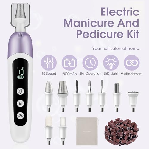 Professional Manicure Pedicure Kit with Case, Cordless Electric Nail File Set with Memory Mode&10 Speed, Portable Nail Drill Pedicure Tools for feet, Hand Foot Care Tool for Thick Nail Toenail Cuticle