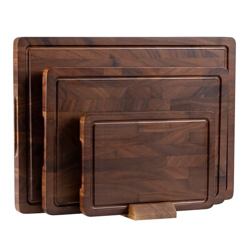 Walnut End Grain Cutting Board Set with Juice Groove & Handle - Kitchen Utensil