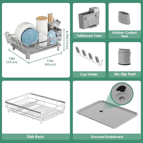 Stainless Steel Dish Drying Rack for Kitchen Counter, Grey Silver, 13''W x 17''L