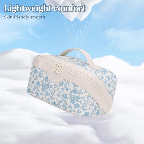 Travel Makeup Bag Organizer Cosmetic Bag, 2Pcs Floral Make up Bag Portable Pouch Open Flat Pouch Clear Divider and Handle