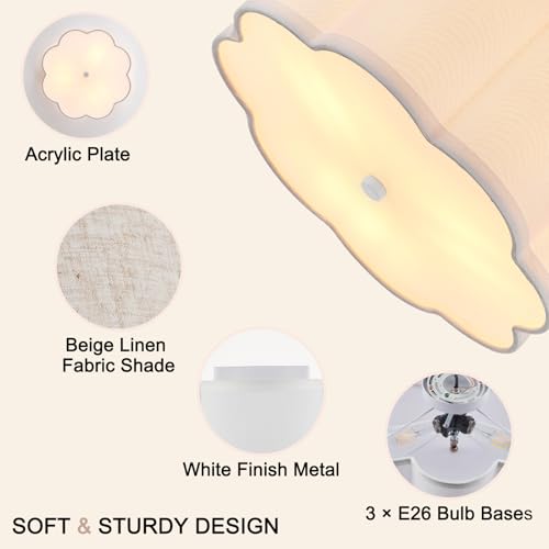 Petal-Shaped White Semi Flush Mount Ceiling Light - 17.7 Inch, Linen Shade