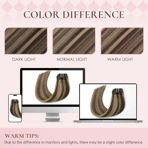 Hyssiet 12 Inch Clip-In Human Hair Extensions #4P27, 55g Thick Straight Chocolate Brown with Caramel Highlights