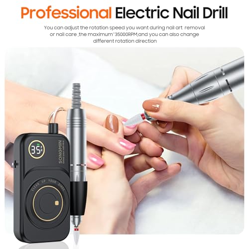 Cordless Nail Drill 35000 RPM with Bits Kit - Portable Electric Manicure & Pedicure Tool, Black